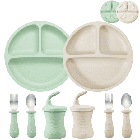 PandaEar Silicone Baby Feeding Set | 2 Silicone Divided Suction Plate and 2 Toddler Cup with 4 Silicone Stainless Spoons & Forks| BLW Supplies Self Feeding Eating Utensils (Sea Mist/Bone)