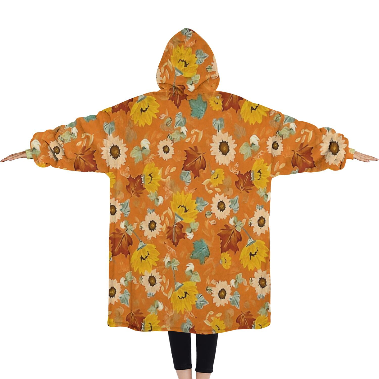 Oversized Wearable Blanket Hoodie,Orange Leaf Sunflower Pattern Sherpa Blanket Hoodie with Super Pockets,Super Warm Fuzzy Pullover for Women & Men