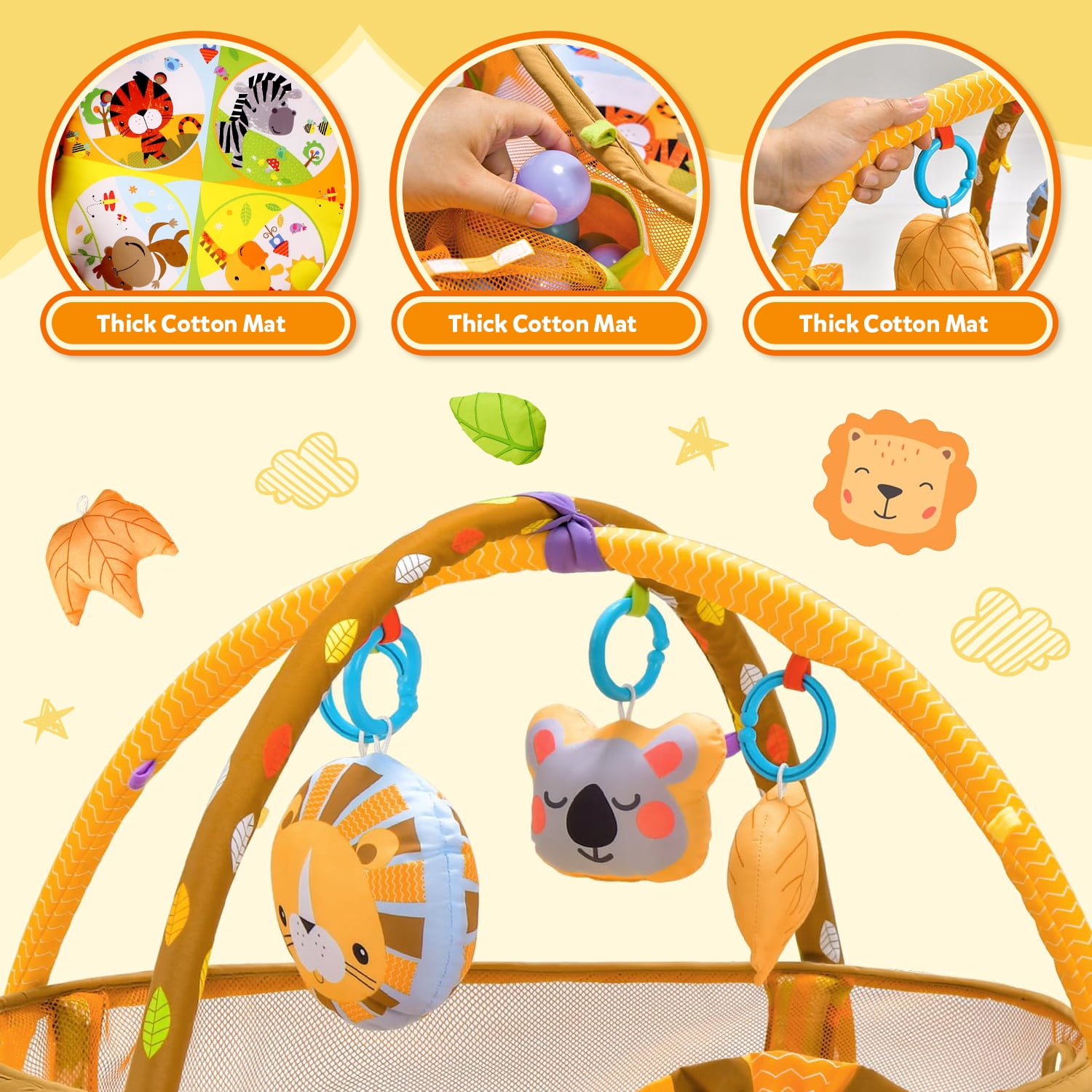 UQN 3-in-1 Baby Play Gym, Baby Play Activity Mat with Ocean Ball Sensory Toys, Gift for Newborn Infant Toddlers 0-36 Months, Yellow Lion