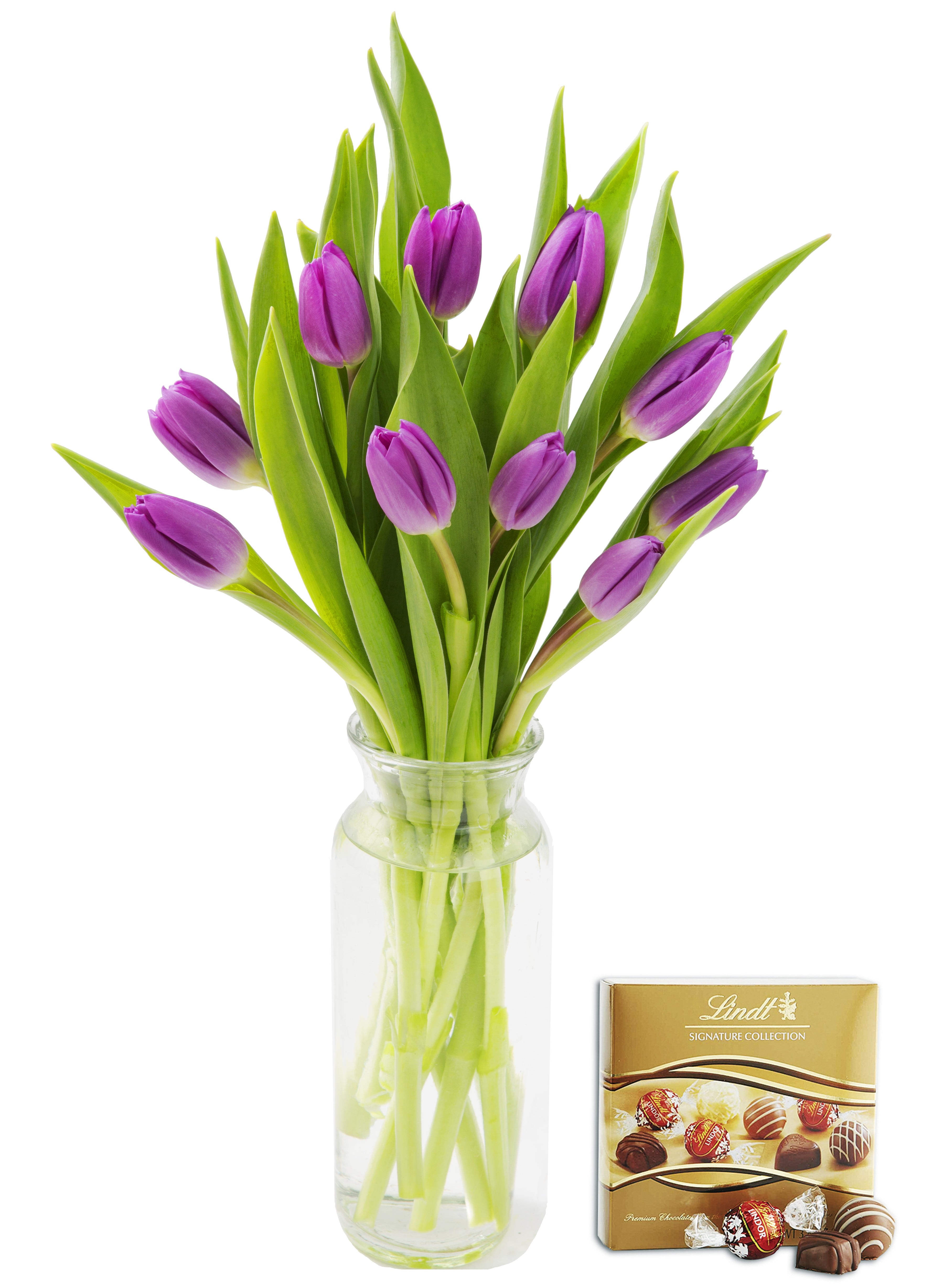 KaBloom Bouquet of Fresh Purple Tulips with Vase and One Box of Lindt