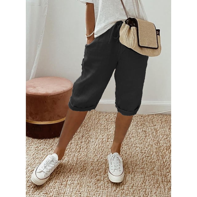 Pantalones casuales elásticos de bolsillo sencillos de moda de algodón y lino para mujer, pantalones de mujer, pantalones de cinco cuartos
