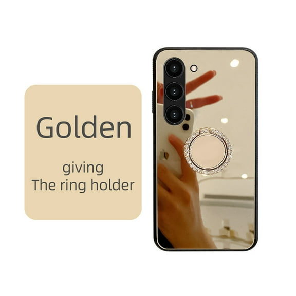 Mirror Phone Case for Samsung Galaxy S23 with Diamond Ring Holder Bracket Clear Imaging Cover, Slim Thin Fit Make Up Soft Silicone Bumper Shockproof Lens Protection Case for Women Girls,Gold