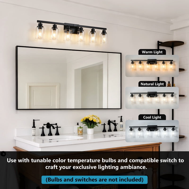 HKMGT 6-Light Bathroom Vanity Light, Black Wall Sconce with Clear Glass Shade E26 Base, Anti-Rust Up/Down Mount for Bathroom, Bedroom