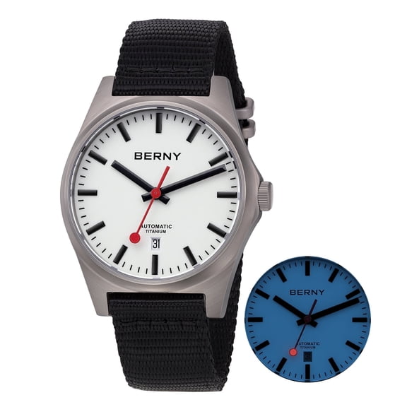 BERNY Automatic Titanium Watches for Men, Sport Casual 10ATM Waterproof Analog Mechanical Watch with Date, Nylon Strap, Super Luminous, Sapphire Crystal, Fashion Minimalist Wrist Watch (White)