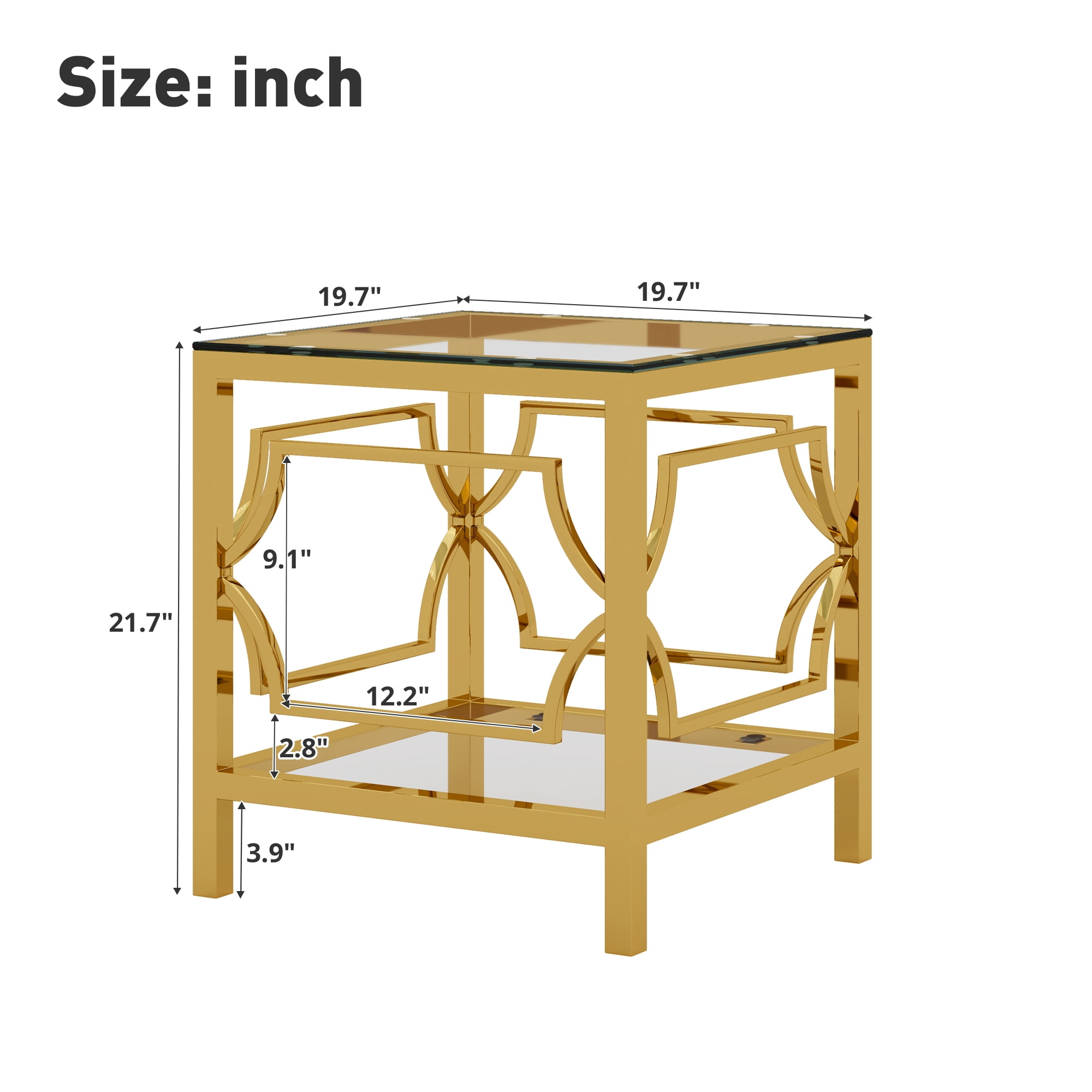 19.7" Round Side Table with Tempered Glass Top, 2-Tier Storage Shelf Modern Small End Table with Metal Frame, Sofa Side Accent Table