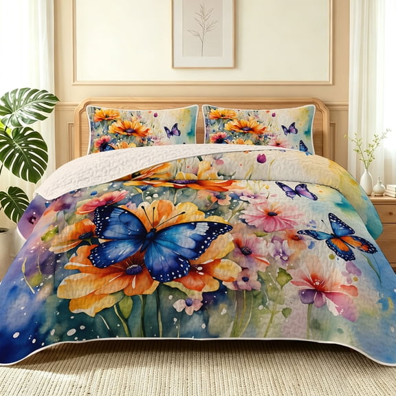 Davulos Butterfly Quilt Set King/Cal King Size, 3 Pieces Watercolor Wildflower Bedspread 110"x96",Lightweight Reversible Coverlet for King Bed,Women Bedding for Bedroom Decor