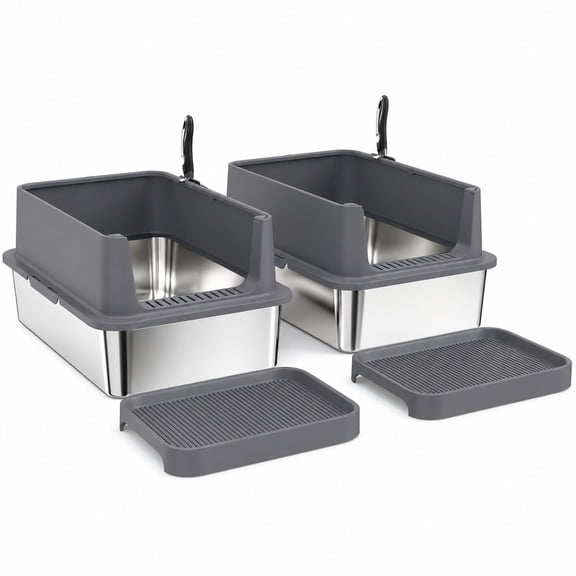 XL Stainless Steel Cat Litter Box Set High Sided 2 Pack