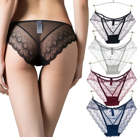 - Sexy High Cut Underwear for Women Peacock Pattern Transparent Soft Lace Briefs Lingerie (Black Purple Red White, Pack of 4)