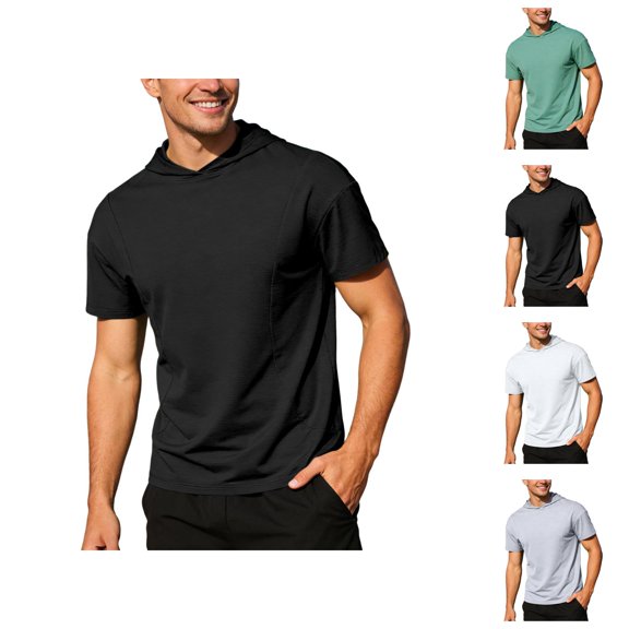 Hooded T Shirts for Men Summer Solid Casual Crew Neck Short Sleeve Mens T-Shirts Sports Top
