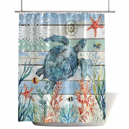 Shower Curtains for Bathroom-36"x78",Coastal Blue Plank Ocean Turtle Waterproof Bath Curtain Grommet Shower Curtain Set with Hooks,Underwater World Life Theme Washable Bath Accessories