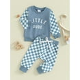 thumbnail image 4 of Elippeo Toddler Boys Fall Outfits 6M 12M 18M 24M 3Y Letter Print Crew Neck Checkerboard Long Sleeve Sweatshirts and Long Pants 2Pcs Clothes Set, 4 of 9