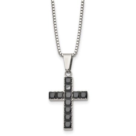 Auriga Fine Jewelry Stainless Steel Polished with Black Square CZ Cross Pendant Chain Necklace for Men 18"