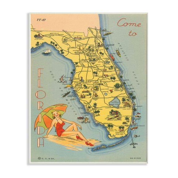 Stupell Industries Antique Florida Map Retro Beach Girl Postcard Print Unframed Art Print Wall Art, 13x19, by Wild Apple Portfolio