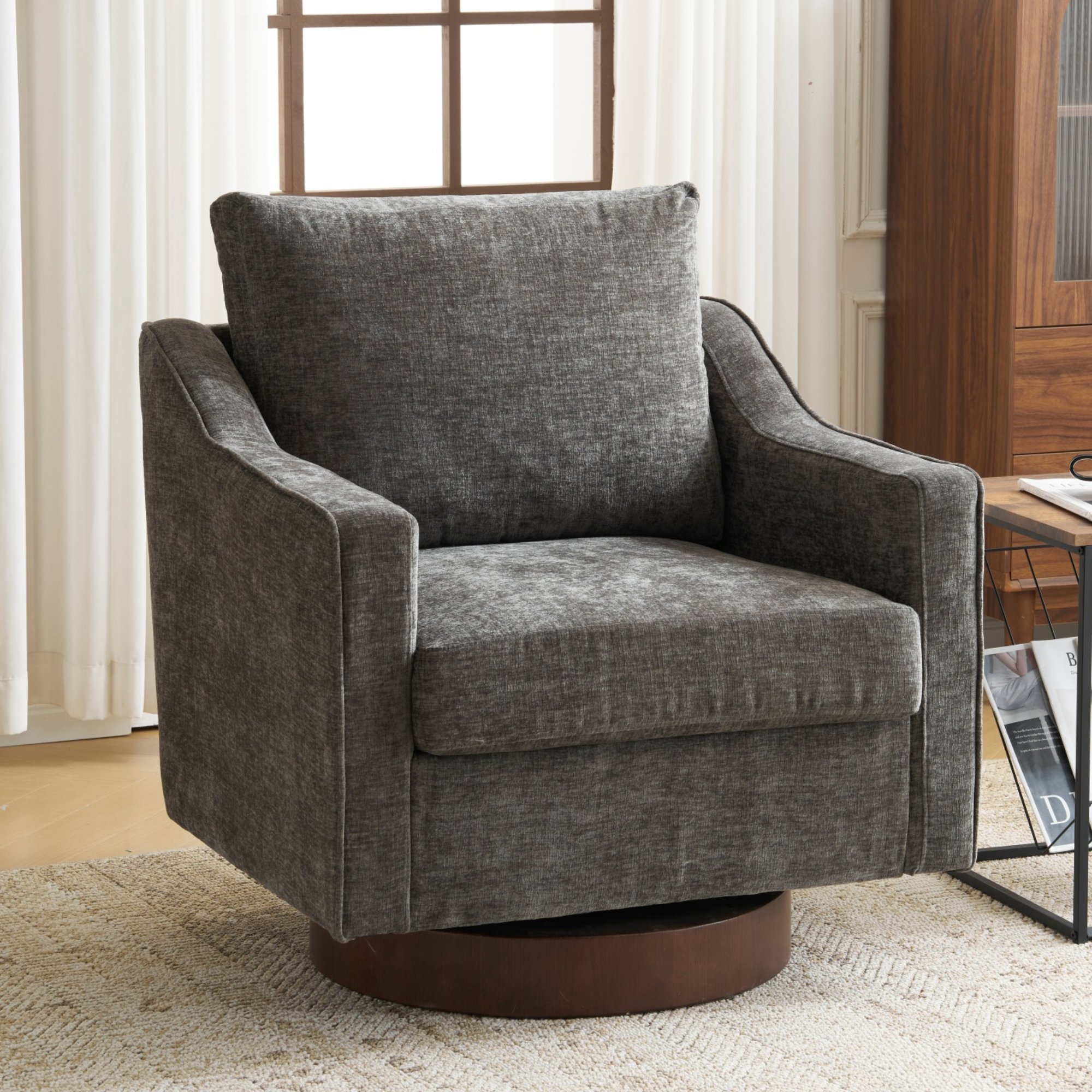 Ktaxon 360° Swivel Accent Chair Soft Chenille Fabric Arm Chair High Resilience Cushion Ideal for Living Room Bedroom Furniture Gray