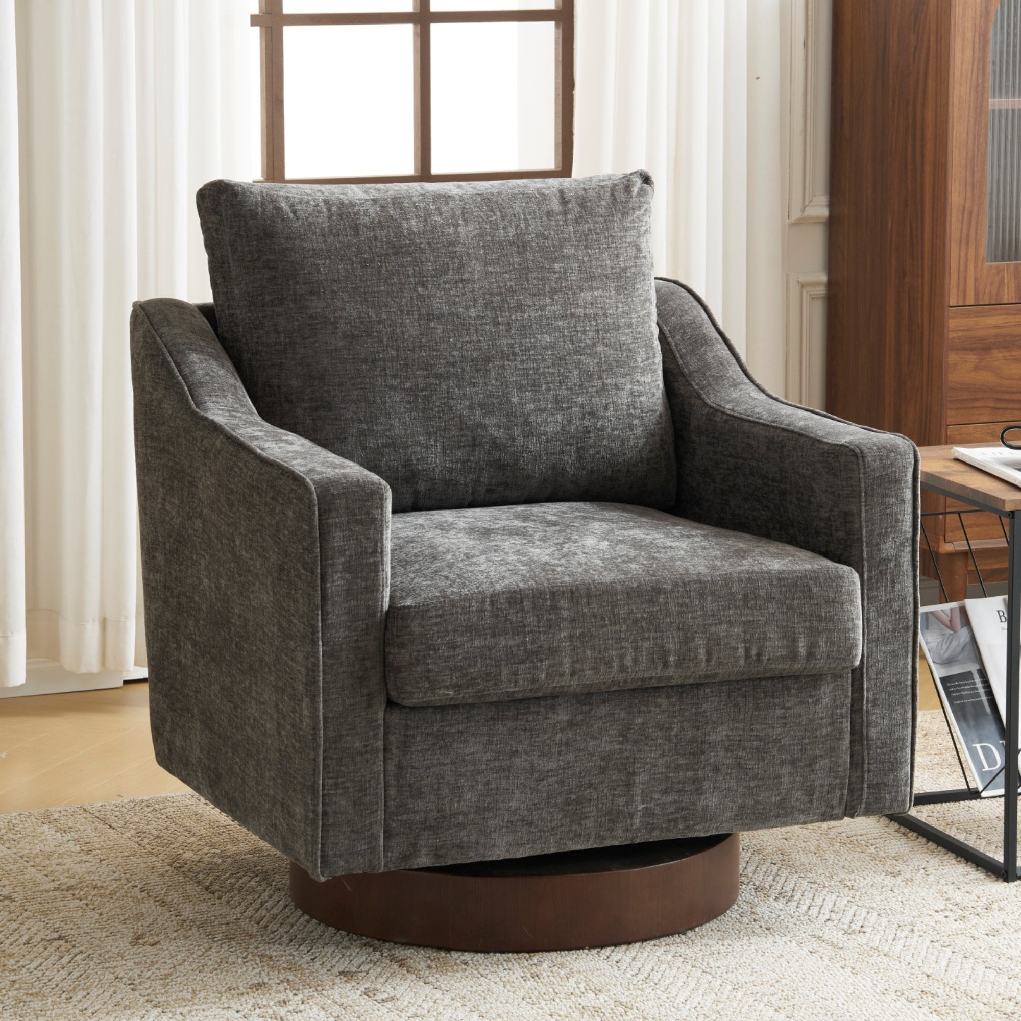 Ktaxon 360° Swivel Accent Chair Soft Chenille Fabric Arm Chair High Resilience Cushion Ideal for Living Room Bedroom Furniture Gray