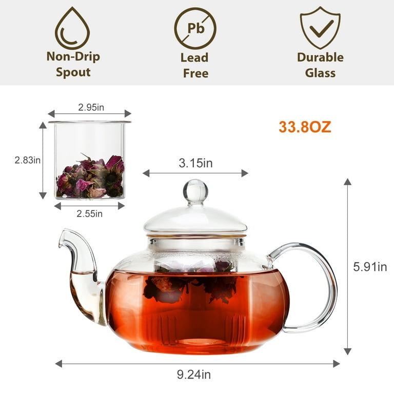 CnGlass 1000ML/33.8OZ Glass Teapot Stovetop Safe ,Clear Teapot with  Removable Infuser ,Loose Leaf and Blooming Tea Maker