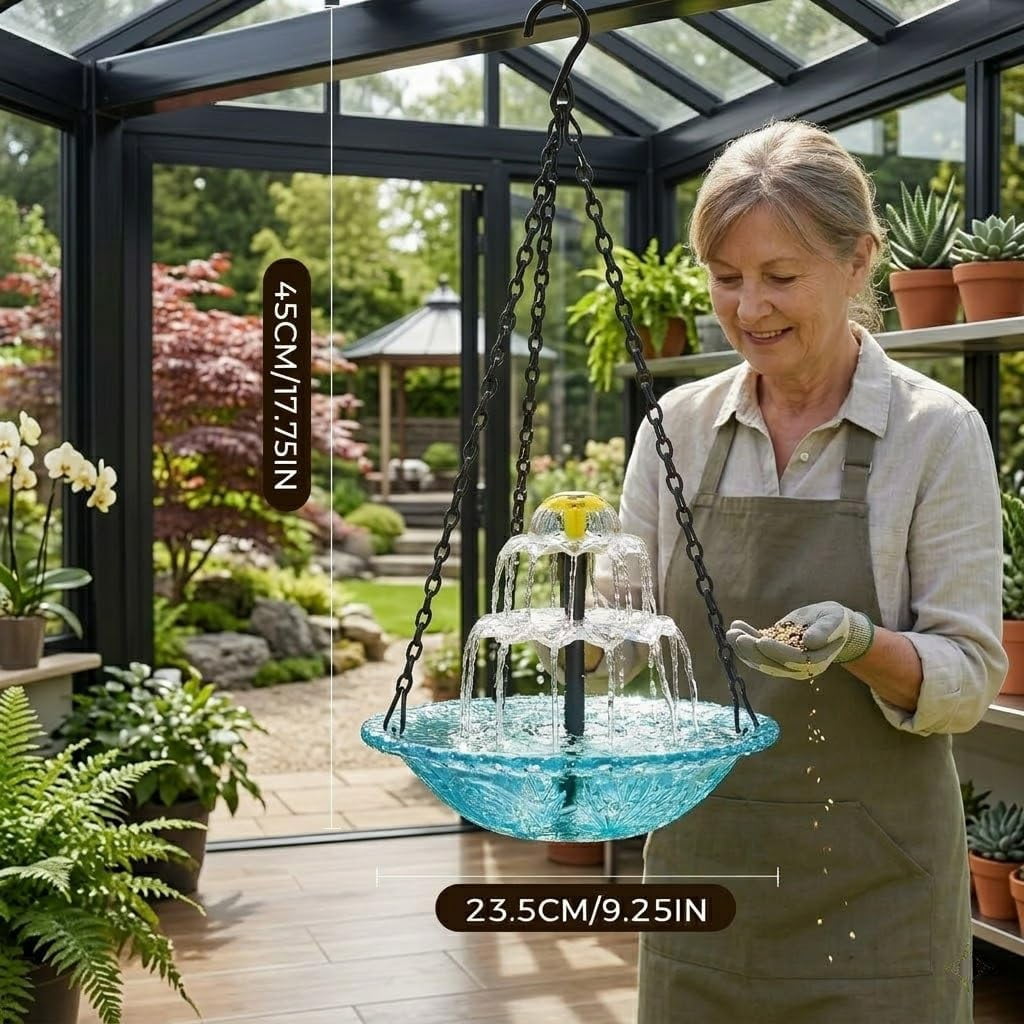 Solar Cascade Hanging Bird Bath Fountain, Solar Powered Hanging Bird Bath with Glass Bowl, Outdoor Hanging Birdbath Water Fountain for Hummingbirds, Garden Patio Yard Decor, Blue (red)