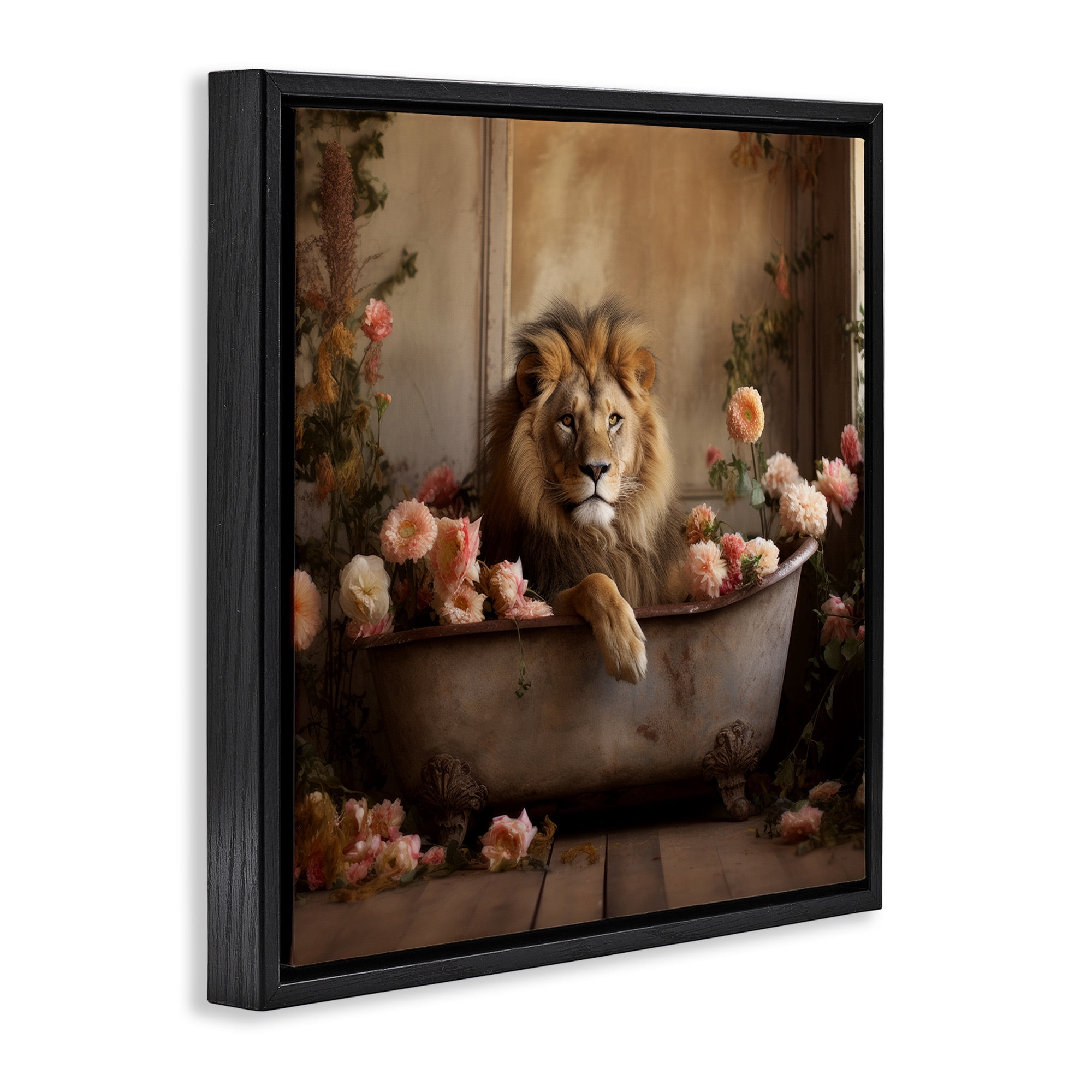 Stupell Industries Lion in Flower Filled Tub Animals & Insects Painting Black Floater Framed Canvas Art Print Wall Art, 25 x 25