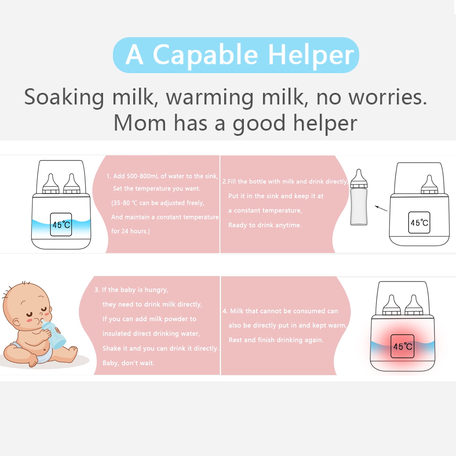 Baby Bottle Warmer, 8-in-1 Fast Milk Warmer with Timer Breastmilk or Formula, Fits 4 Bottles, Accurate Temperature Control, with Defrost, Sterili-zing, Keep, Heat Baby Food Jars Function