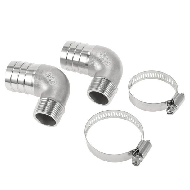 Conectores de manguera Barb de Unique Bargains con 2 abrazaderas, conector de codo de 90 grados para aire, agua, aceite, gas, combustible, acero inoxidable 1.3" OD 3/4" BSPT 1 juego tono plateado