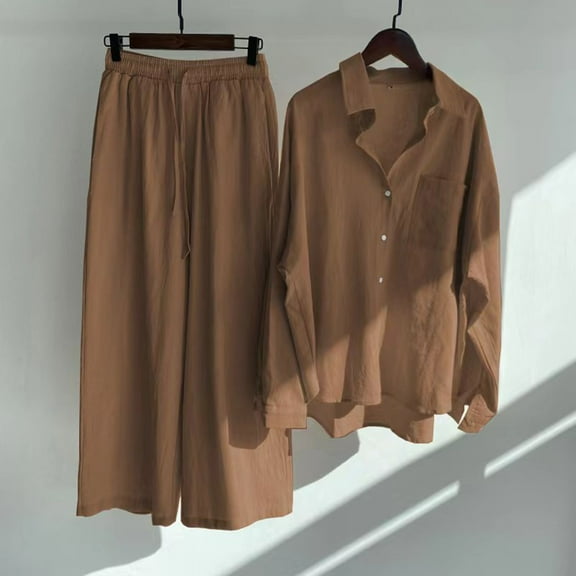 DailyTrove Women's Long Sleeve Button-Front Shirt & Midi Skirt Set - Solid Color, Classic Style, Casual Daily & Work Wear,Brown