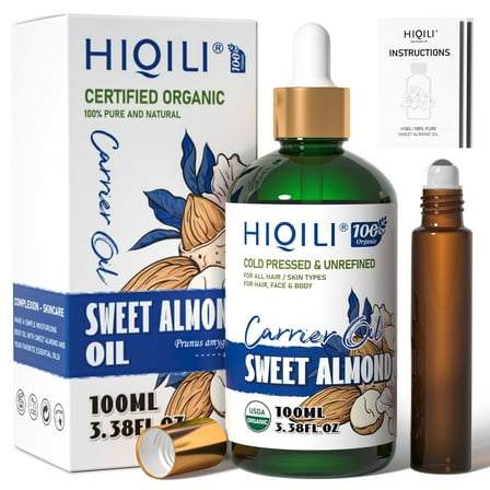 HIQILI Sweet Almond Carrier Oil, Pure Organic Unscented,100mL for Diluting Mixing Hair Skin Body