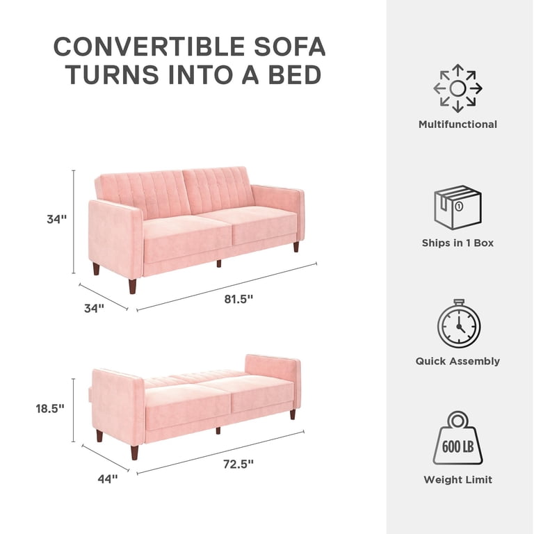 DHP Pin Tufted Transitional Futon, Pink Velvet Sofa Bed, Mid