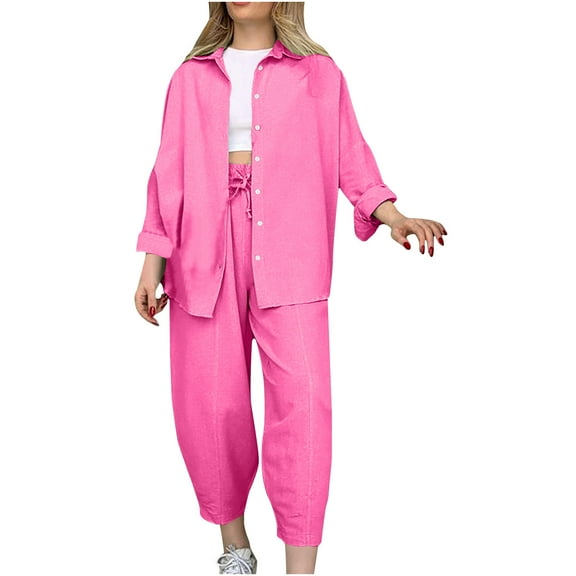 ShomPort Women Business Suits Two Piece Outfits Fall Casual Button up Shirt and Wide Leg Pants Lounge Set