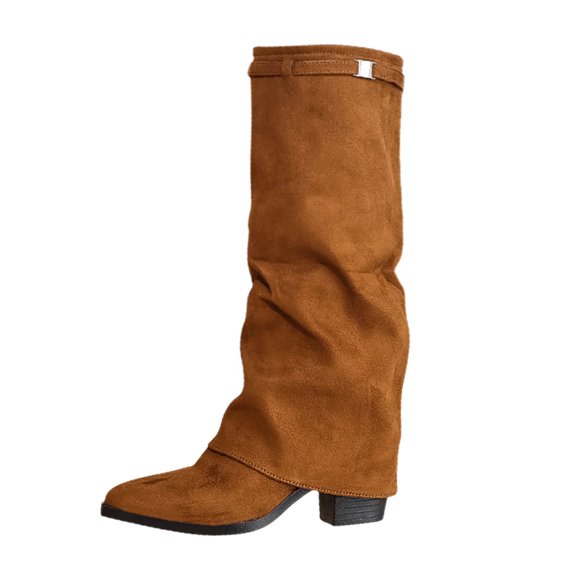 Zhanying Womens Knee High Boots Wide Calf Suede Chunky High Heel Boots Fashion Fold Over Boot Pointed Toe Winter Fall Tall Boots for Women Pull on Trendy
