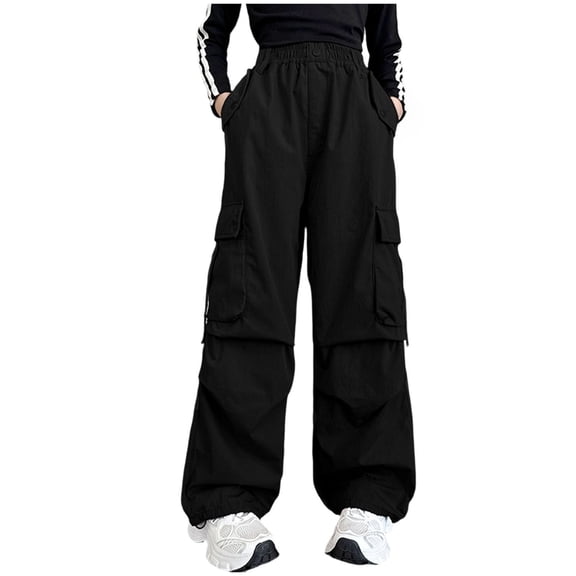 Emitonse Girls High Waisted Pants Girls Casual Pants Size 15 16 Girls' Baggy Trousers Cargo Trousers Lightweight Summer Trousers With Band Casual Trousers Black,15-16 Years