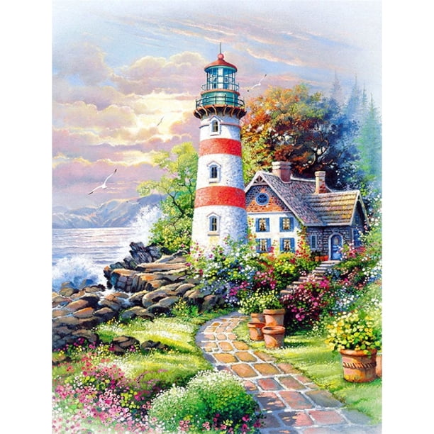 Wdftyju Kit de pintura por números para manualidades, taladro redondo, pintura de diamante, torre junto al lago, trabajo de cuentas Wdftyju 5jb8kc8mz3wf3da5