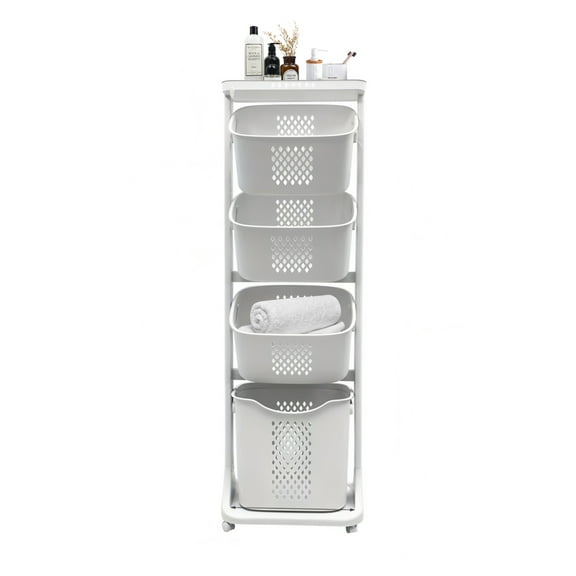 4-Tier Laundry Hamper Sorter,Laundry Storage Organizer with Wheels Removable Rolling Laundry Baskets,Bathroom Cart for Dirty Clothes,White