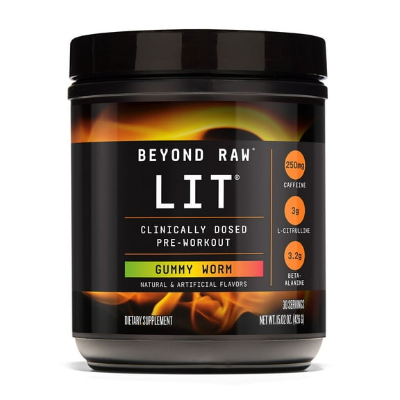 Beyond Raw LIT PreWorkout Powder Supplement For Men and Women, Energy, Focus, Endurance, Pumps, Nitric Oxide Boost, 250mg Caffeine, Creatine, Beta Alanine, Gummy Worm, 30 Servings