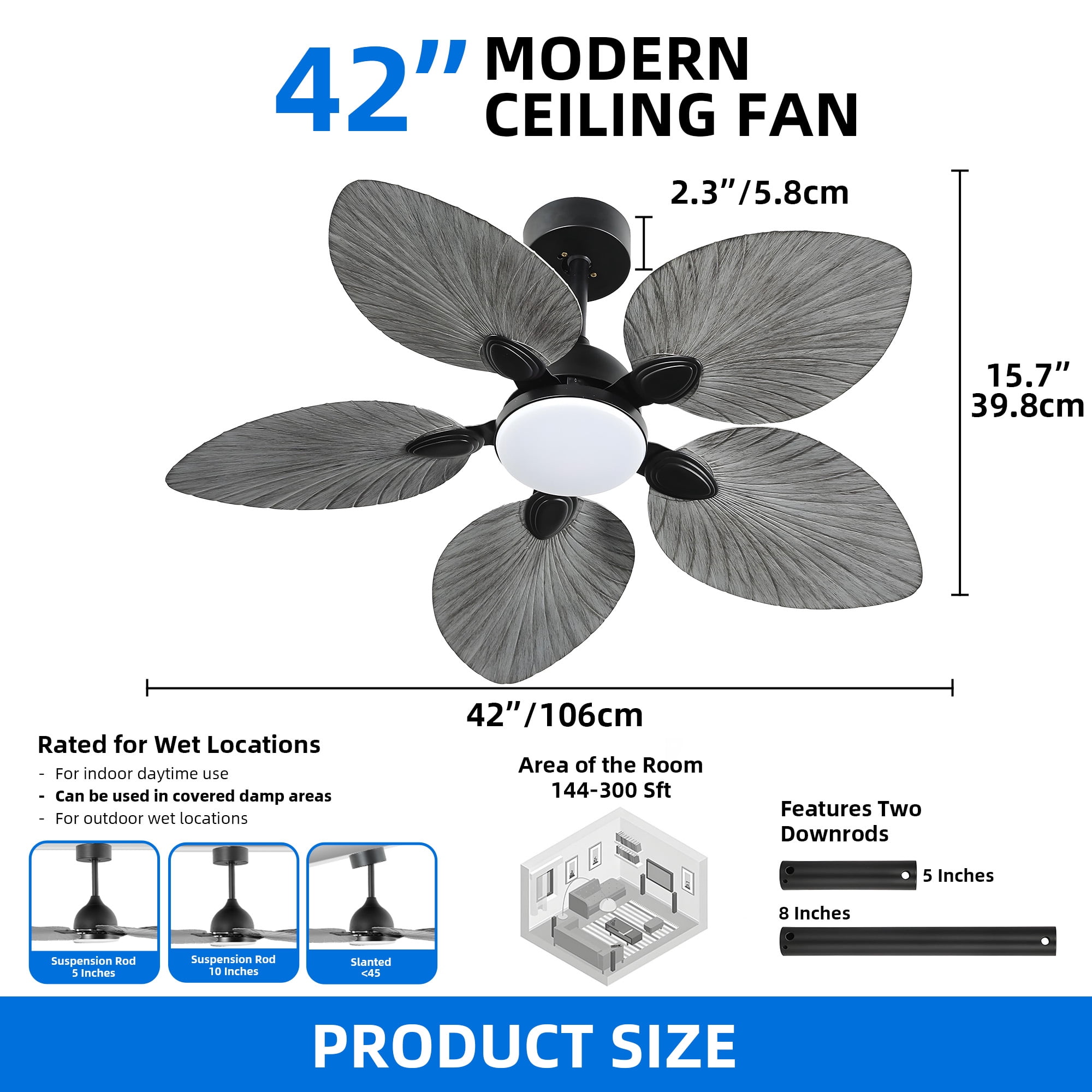 Dextrus 42 inch Tropical Ceiling Fans with LED Light and Remote, Fan Light with Memory Function, 6 Speed & Lights Colors Changing, 5 blades - Gray