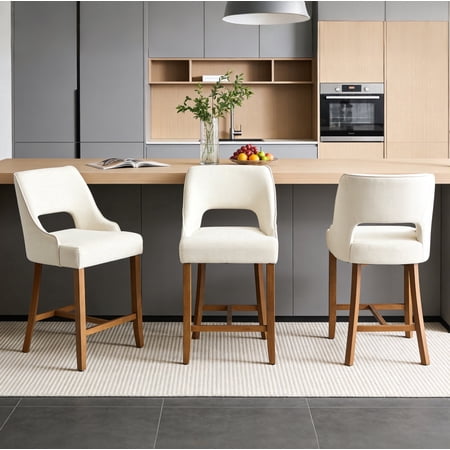 CRERIYO 26" Counter Height Bar Stools Set of 3, Upholstered Bar Chairs with Walnut Curved Footrest for Kitchen Island, Beige