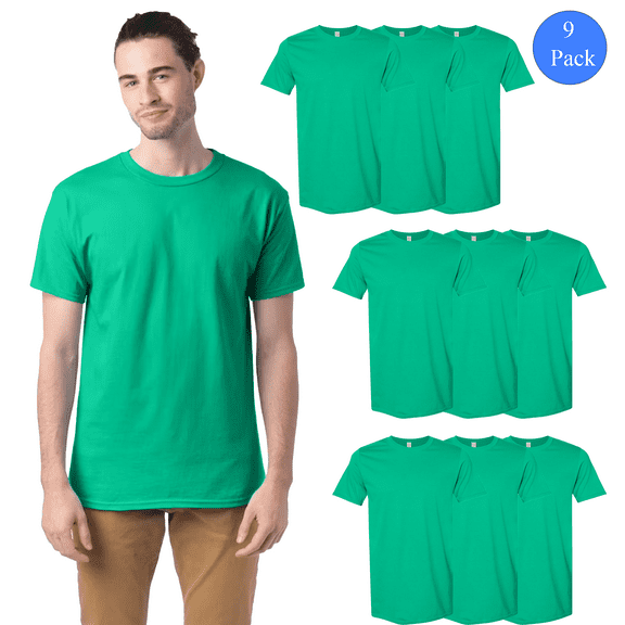 Gildan 100 Cotton T-Shirt, Durable Stitching, Men's Short Sleeve Crew Shirt, Kelly Green, 9 Pack, S