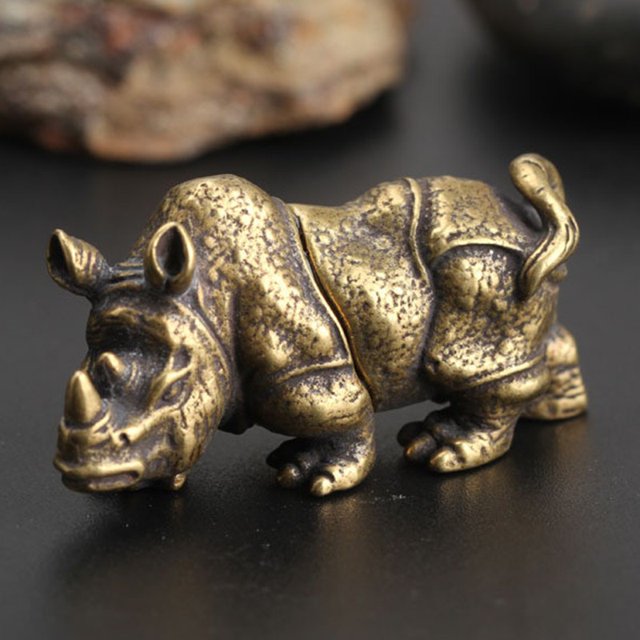 Handmade Crafts Mini Copper Rhino Sculpture Home Office Decor Ornament Toy Gift