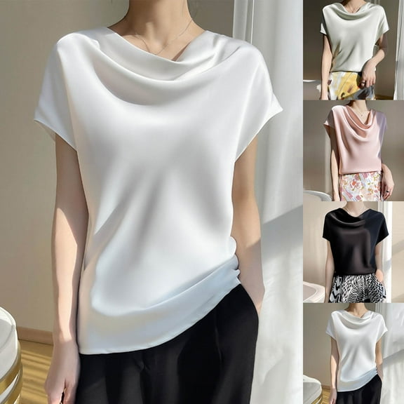 YHAJDS Summer Shirts for Women Short Sleeve Round Neck Solid Color Cool Feel Blouse Casual Fashion Top
