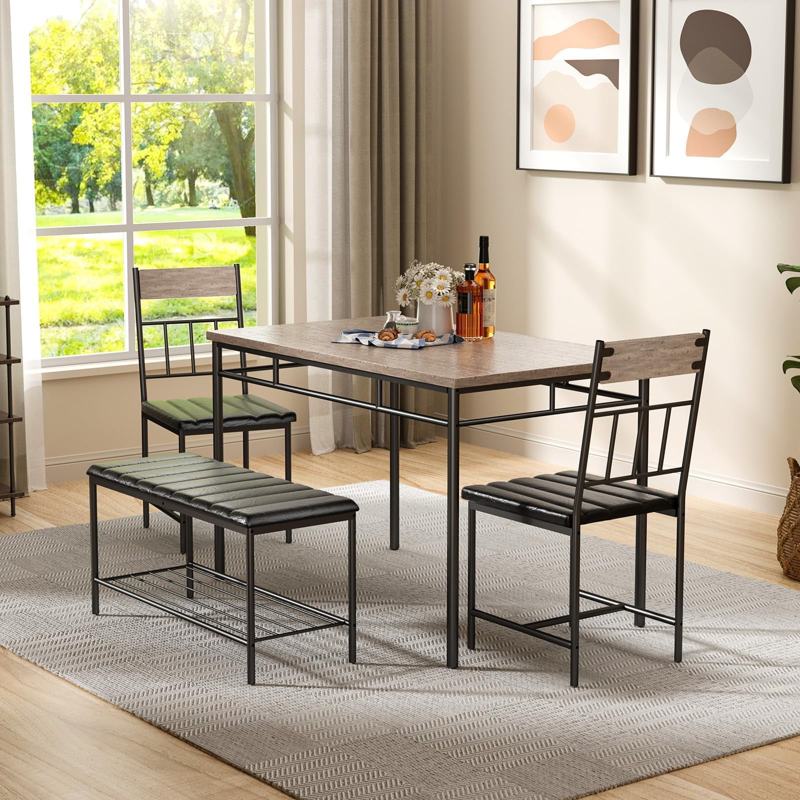 4‑Piece Modern Dining Table Set Wooden Table Upholstered Side Chairs and Bench Compact Furniture for Apartment and Studio Homes