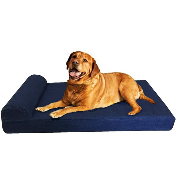 Dogbed4less Premium HeadRest Pillow Orthopedic Cool Memory Foam Dog Bed for Large Dogs, Waterproof Lining with Washable Denim Blue Cover, XXL 55X37