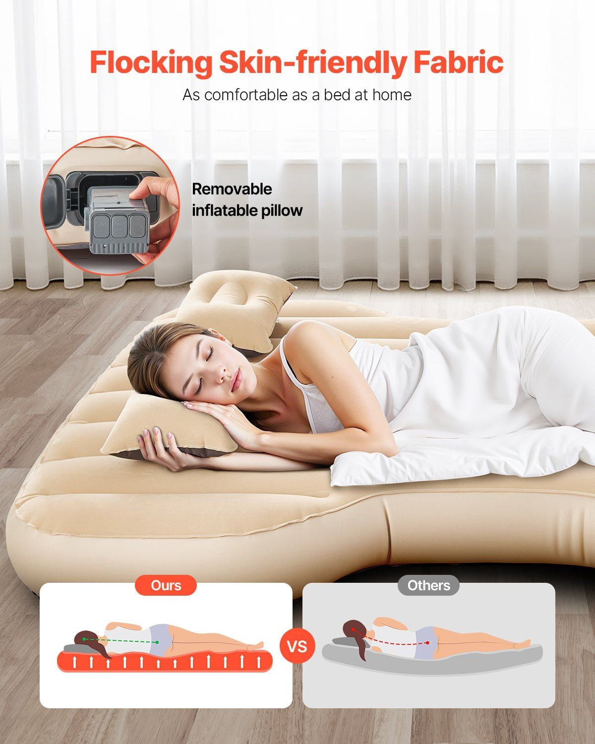 Tesla Model Y 2020 2024 Car Air Mattress Inflatable Camping Mattress Flocking Thickened Portable Sleeping Pad with Built in Pump and 2 Beige Pillows