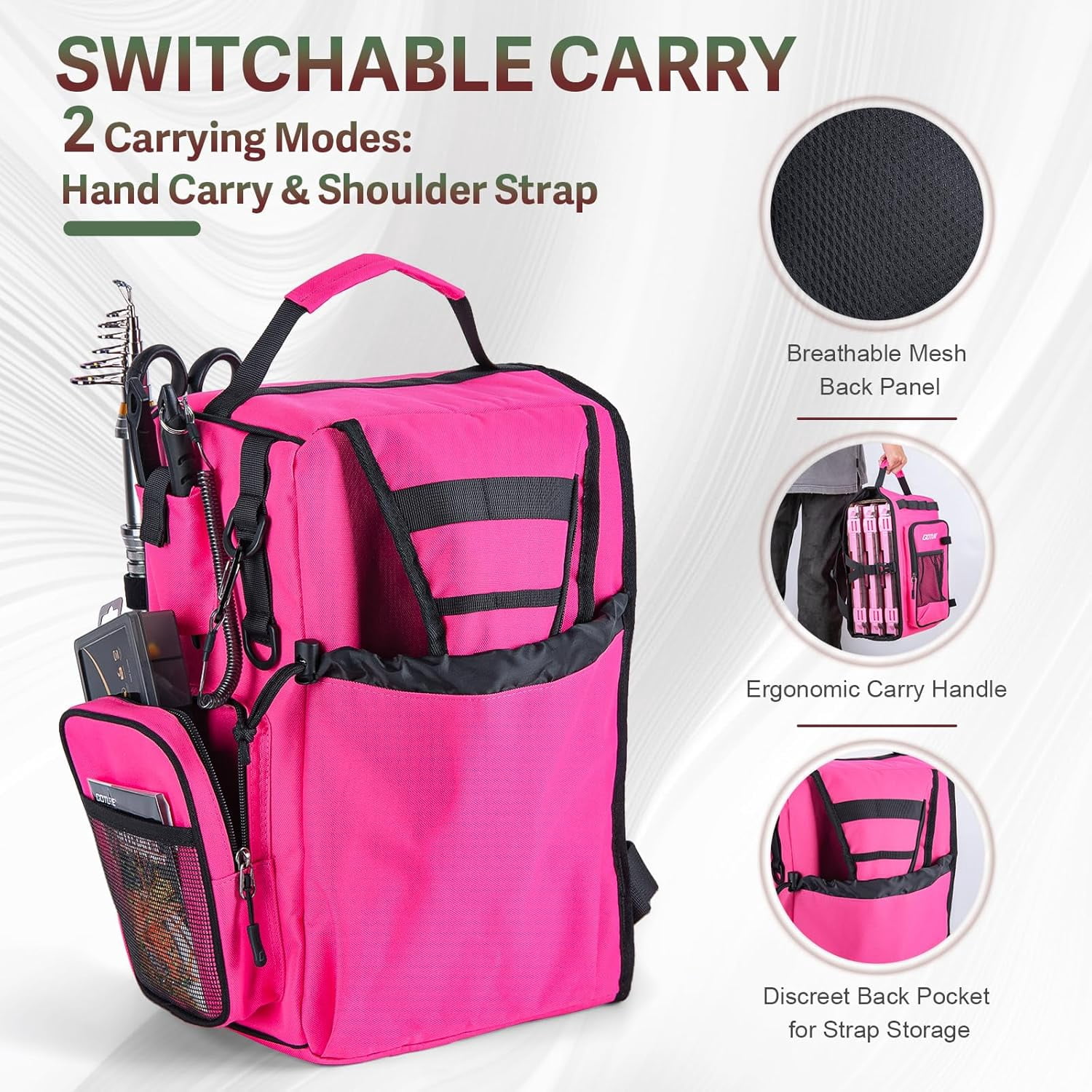 OpenSide Tactical Sling Tackle Bag with 3 3700 Trays Lightweight Fishing Backpack Storage Gear Pink