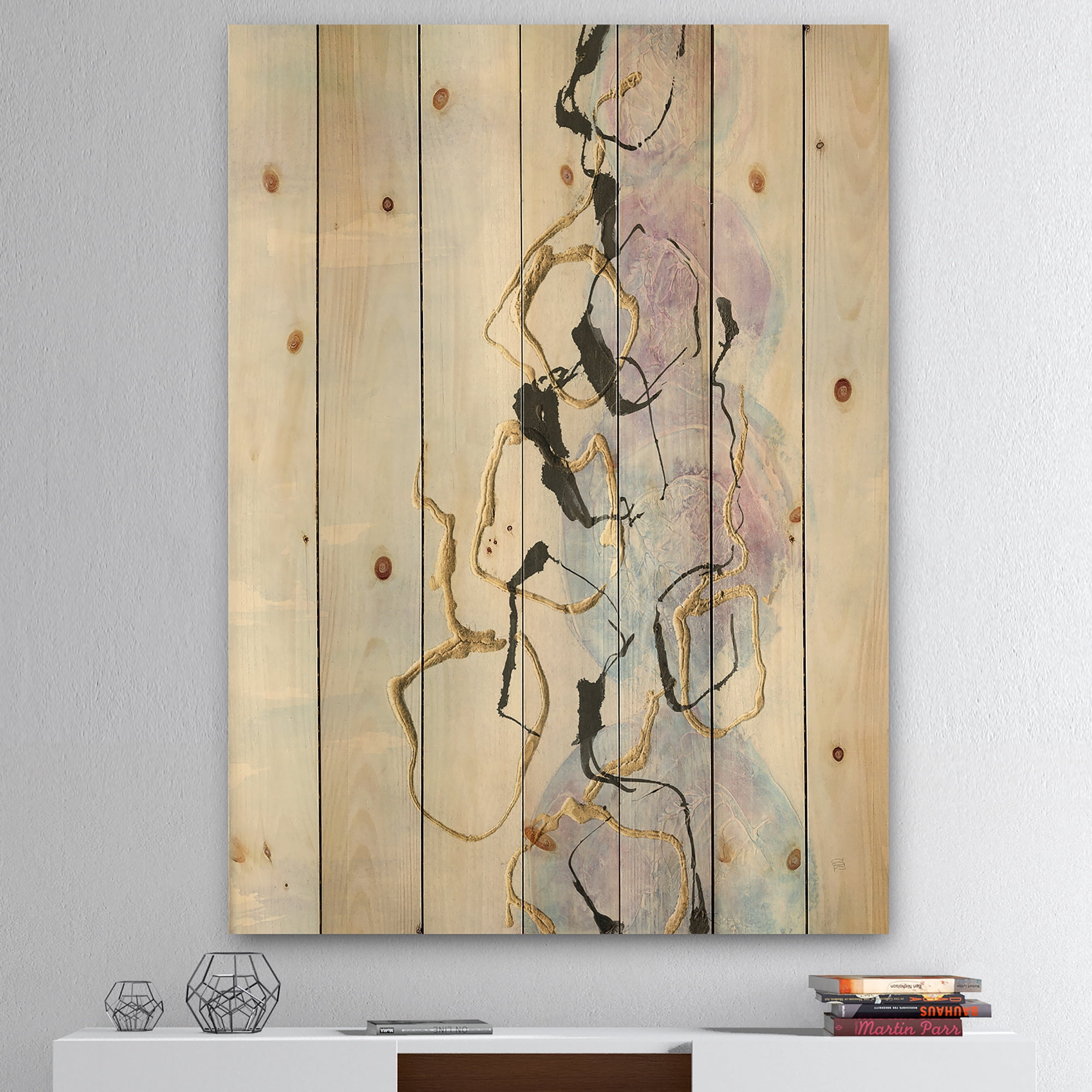 Designart 'Gold Lines on Pastel I' Modern Glam Print on Natural Pine Wood