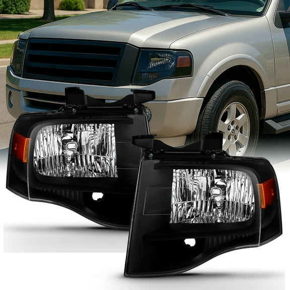 AKKON - For 2007-2014 Ford Expedition Black Bezel Headlight Assembly Left Right Pair