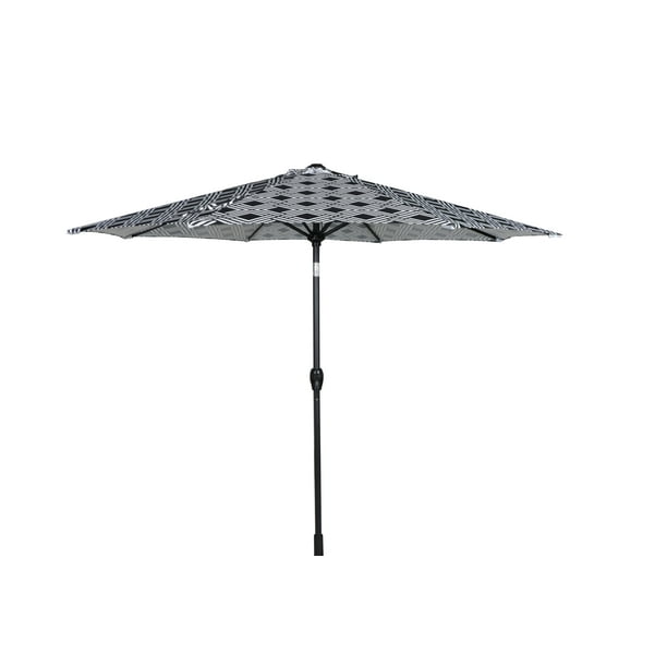 Mainstays 9FT Black and White Geo Round Outdoor Tilting Market Patio Umbrella with Pushup