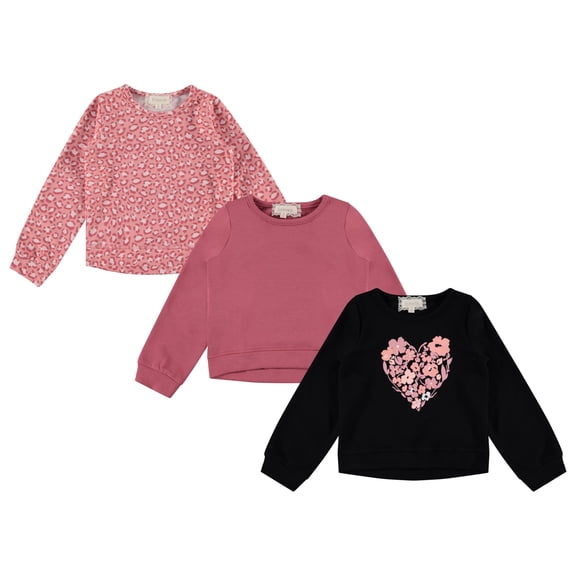 BTween Girls 3 Piece Long Sleeve Crew Neck Pullovers, Fleece Sweatshirt for Youth Kids, MAUVE,4