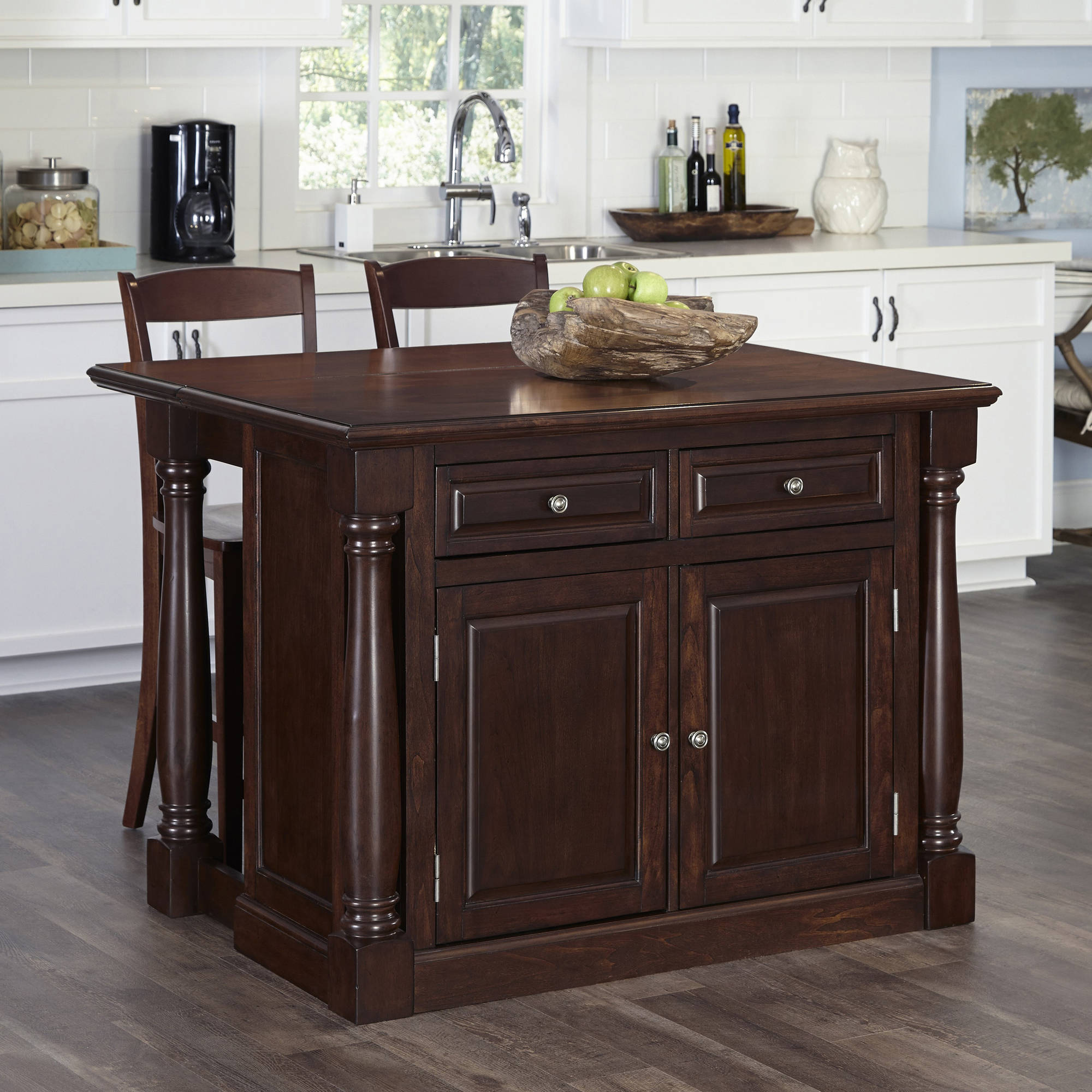Kitchen Island with Two Stools in Cherry Finish  Walmart.com