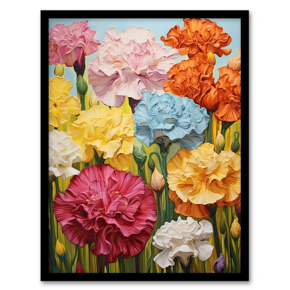 Carnation Symphony Vibrant Blooming Flowers Orange Pink Green Meadow Oil Painting Art Print Framed Poster Wall Decor 12x16 inch