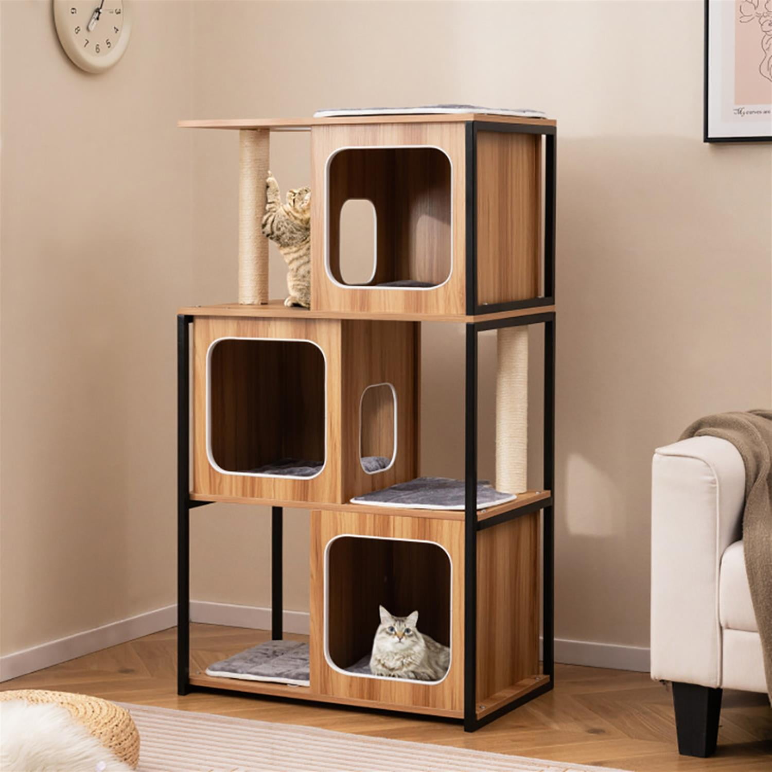 resenkos 52" Cat Tree Tower with Private Condos for Indoor Cats, Multifunctional Plush Cat House with Metal Frame and Scratching Posts, Brown
