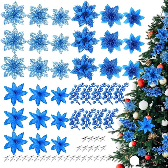 Vorkoi 36 Pcs Christmas Poinsettia Artificial Flowers Decorations Glitter Poinsettia with Clips for Christmas Tree Ornaments Xmas Holiday Wedding Garland Party Decor 6 Inch 4 Inch 3 Inch